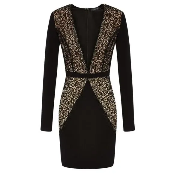 Misha Collection Paulina Scalloped Lace Trim Sheath Cocktail Mini Dress | M - Picture 3 of 13